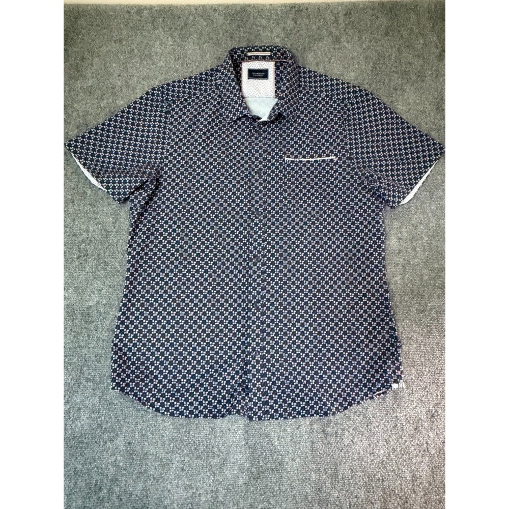 7 Diamonds Men's 4-Way Stretch Blue Geometric Short Sleeve Polo SHirt Size L